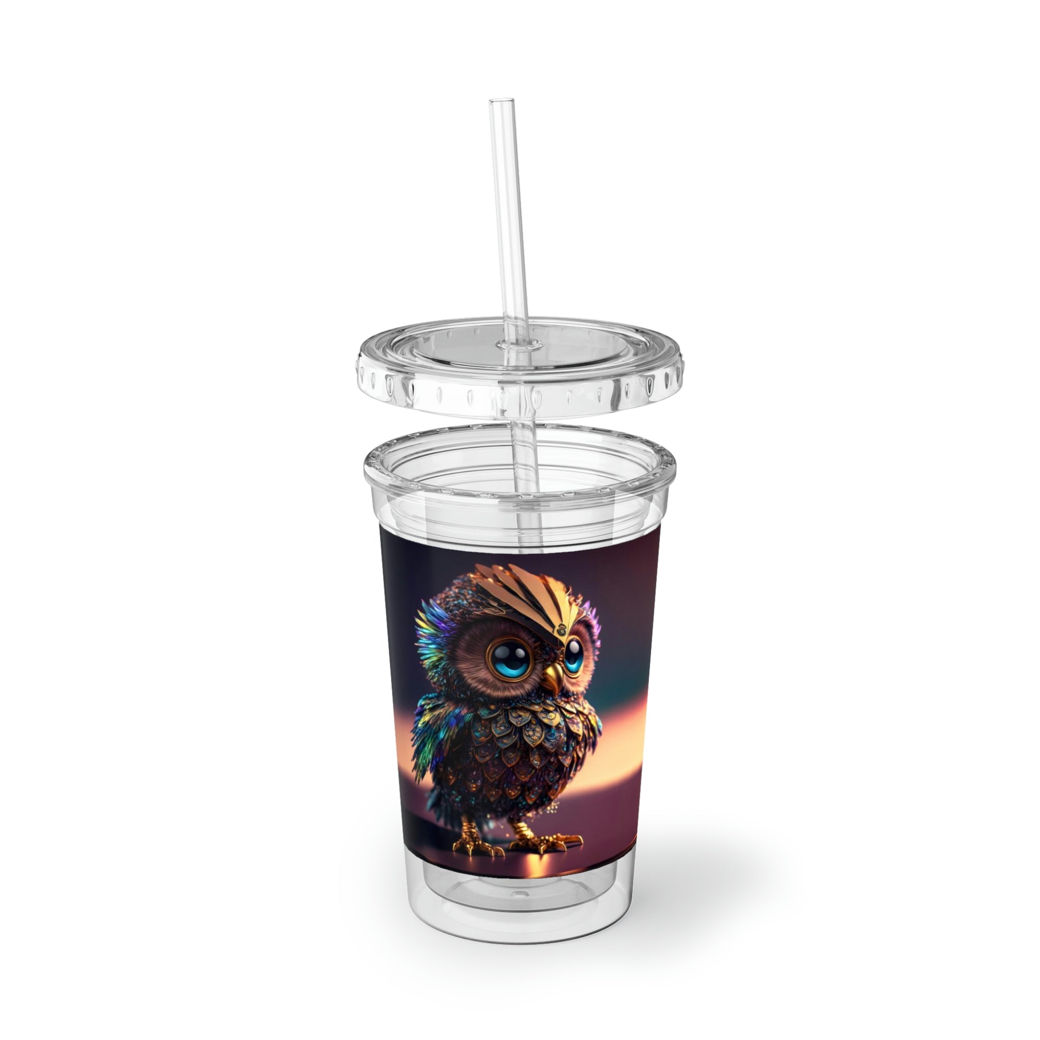 Owl Suave Acrylic Cup with a stylish design, featuring a stainless steel body and a black plastic straw.