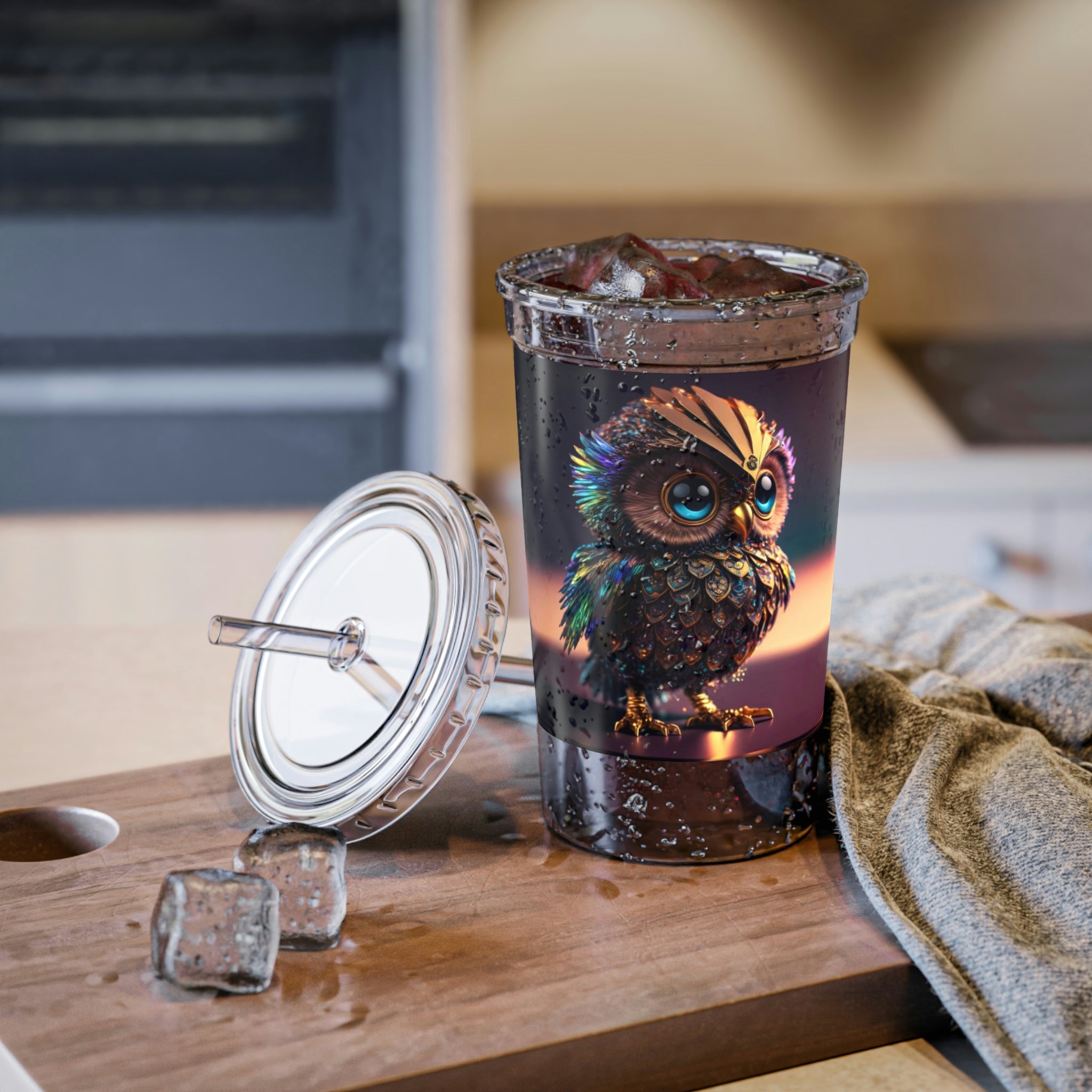 Owl Suave Acrylic Cup with a stylish design, featuring a stainless steel body and a black plastic straw.