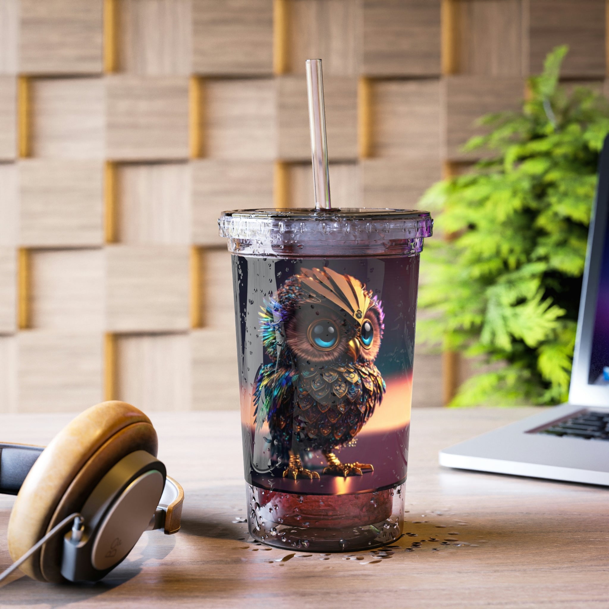 Owl Suave Acrylic Cup with a stylish design, featuring a stainless steel body and a black plastic straw.