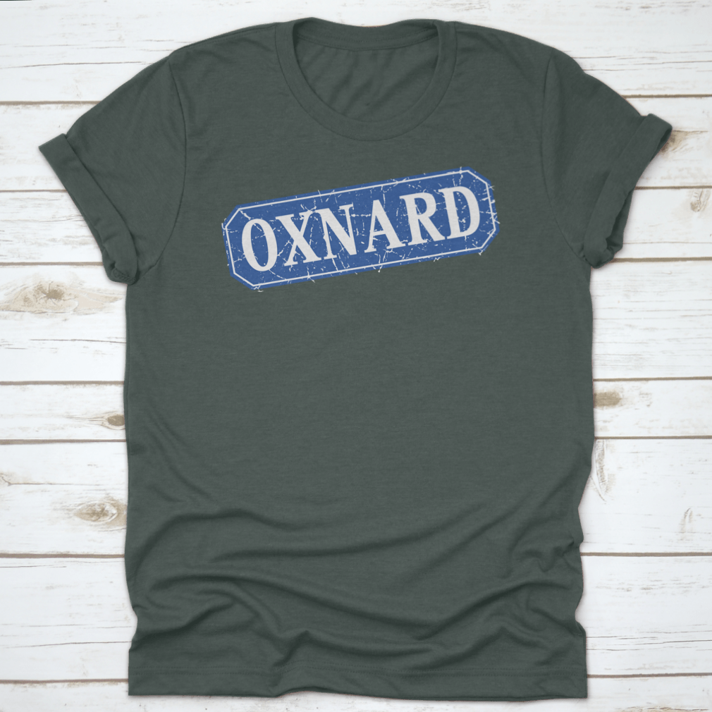 Oxnard Blue Square Grunge Retro Style Sign featuring a vintage design with a blue color scheme, made from 100% cotton.