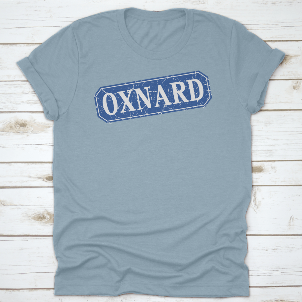 Oxnard Blue Square Grunge Retro Style Sign featuring a vintage design with a blue color scheme, made from 100% cotton.