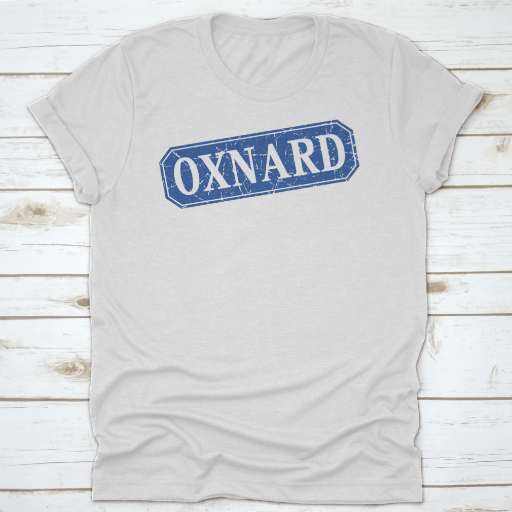 Oxnard Blue Square Grunge Retro Style Sign featuring a vintage design with a blue color scheme, made from 100% cotton.