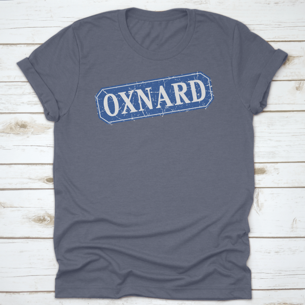 Oxnard Blue Square Grunge Retro Style Sign featuring a vintage design with a blue color scheme, made from 100% cotton.