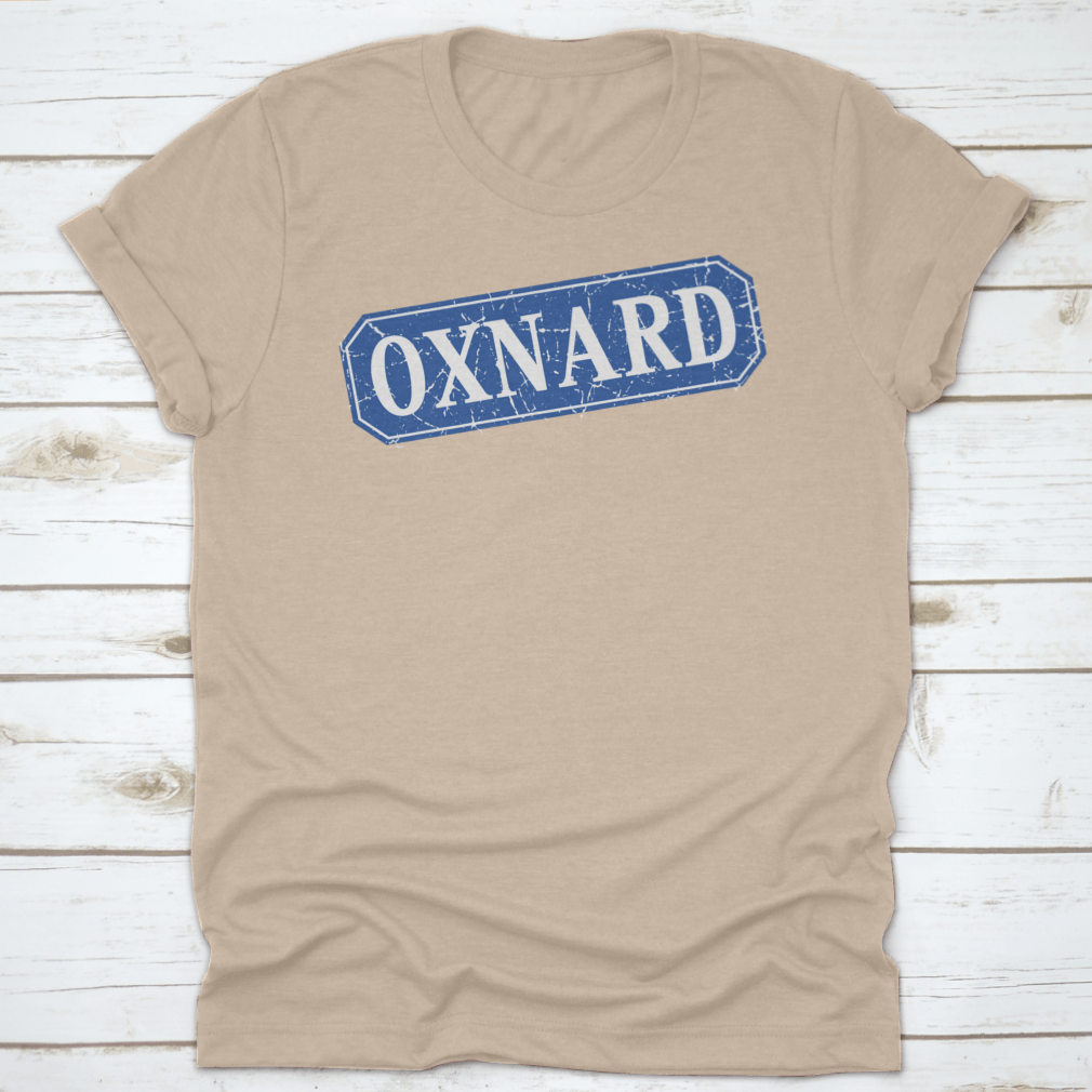 Oxnard Blue Square Grunge Retro Style Sign featuring a vintage design with a blue color scheme, made from 100% cotton.