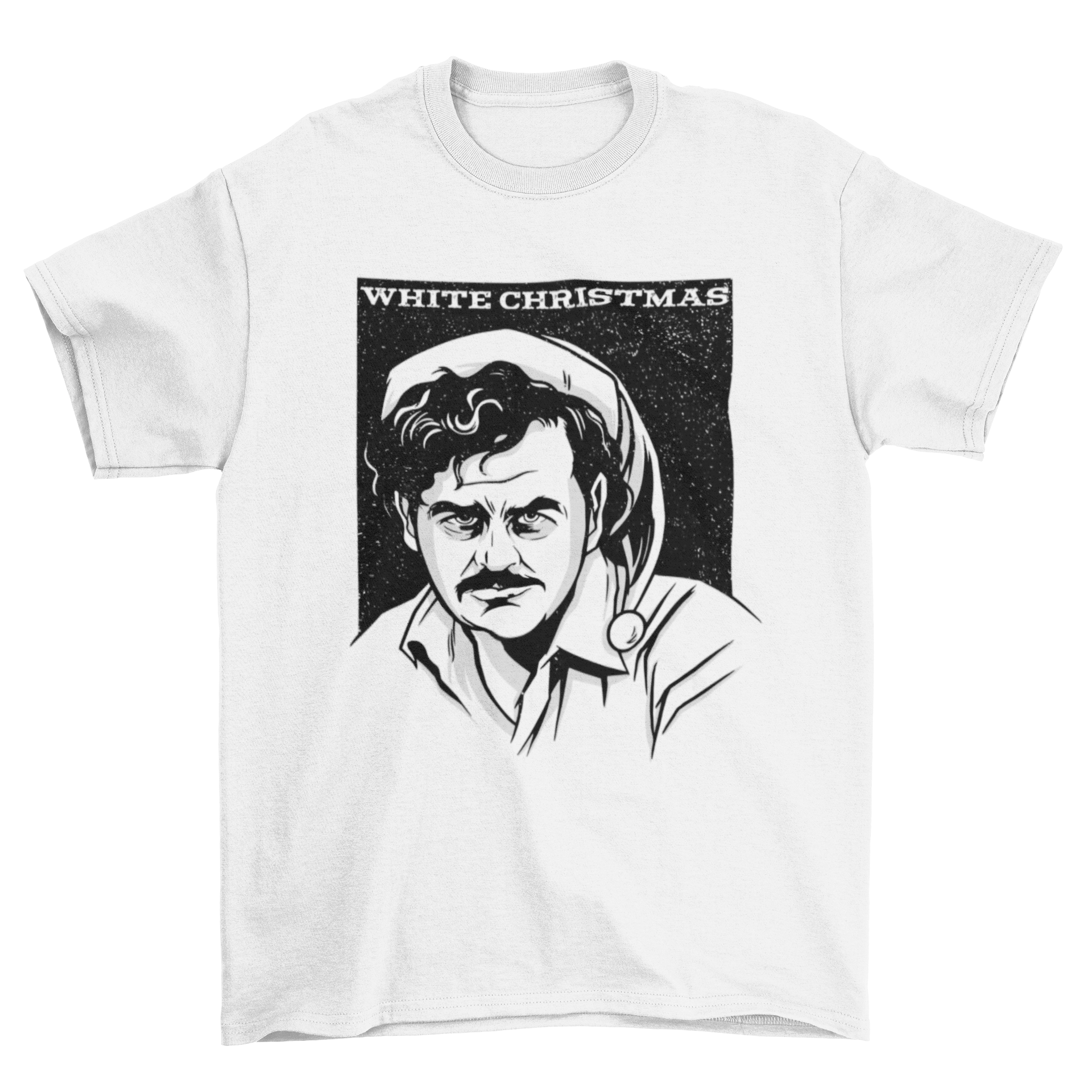 Pablo Christmas t-shirt featuring an illustration of Pablo Escobar with the caption 'White Christmas'.