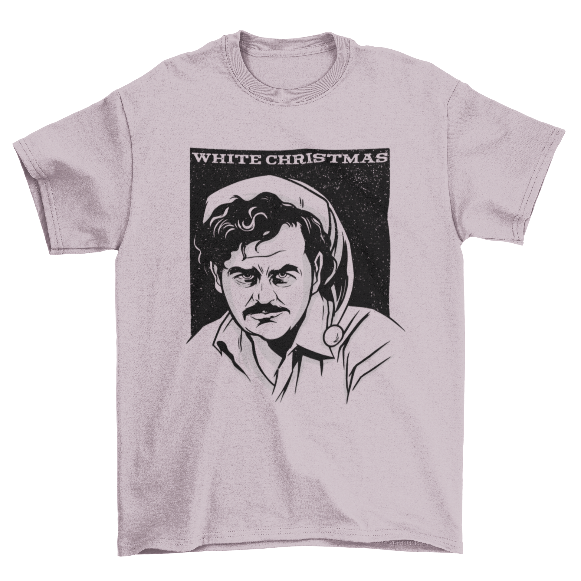 Pablo Christmas t-shirt featuring an illustration of Pablo Escobar with the caption 'White Christmas'.