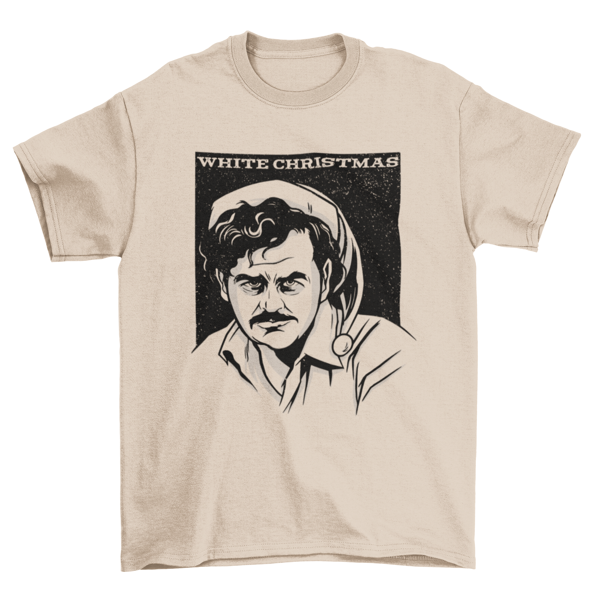 Pablo Christmas t-shirt featuring an illustration of Pablo Escobar with the caption 'White Christmas'.