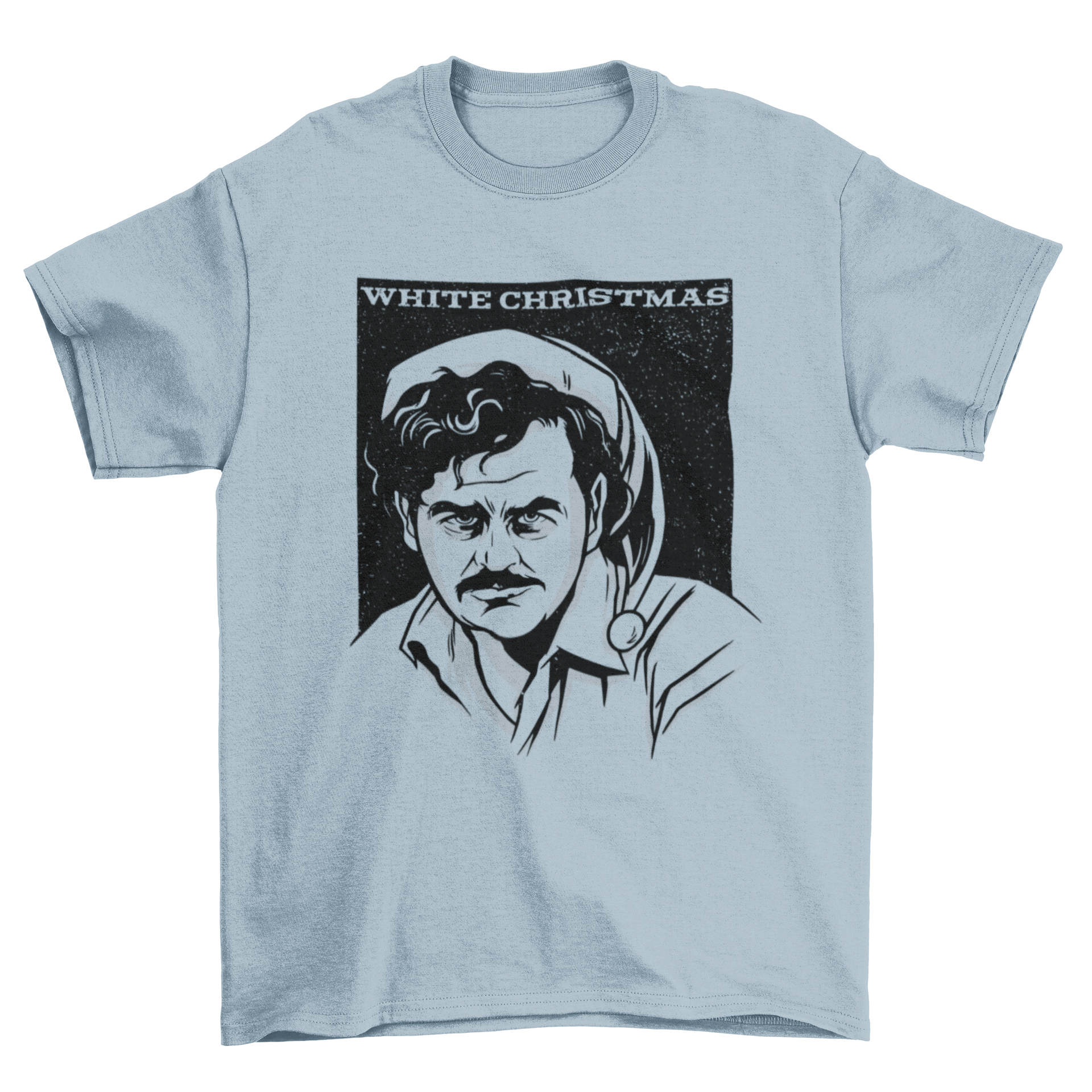 Pablo Christmas t-shirt featuring an illustration of Pablo Escobar with the caption 'White Christmas'.