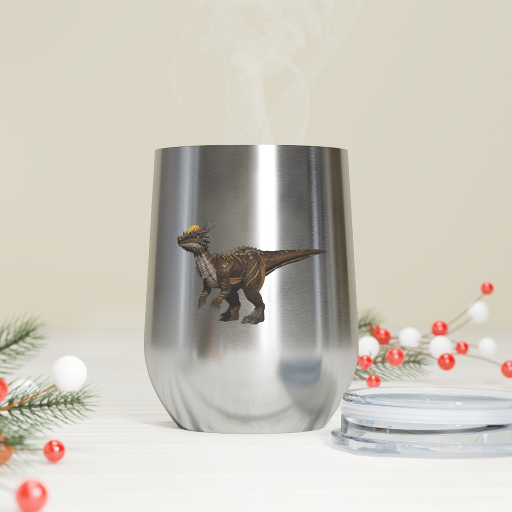 Pachycephalosaurus 12oz insulated wine tumbler with a clear lid, showcasing a vibrant dinosaur design.