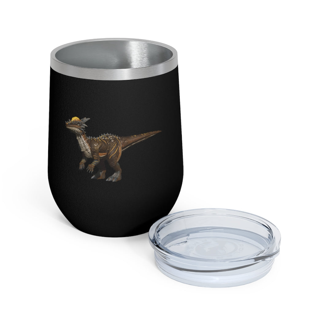 Pachycephalosaurus 12oz insulated wine tumbler with a clear lid, showcasing a vibrant dinosaur design.