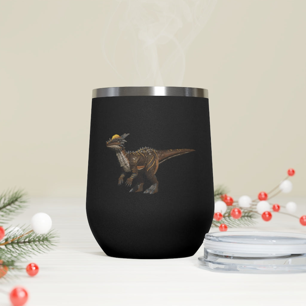 Pachycephalosaurus 12oz insulated wine tumbler with a clear lid, showcasing a vibrant dinosaur design.