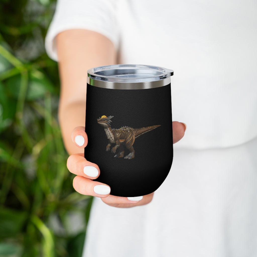 Pachycephalosaurus 12oz insulated wine tumbler with a clear lid, showcasing a vibrant dinosaur design.