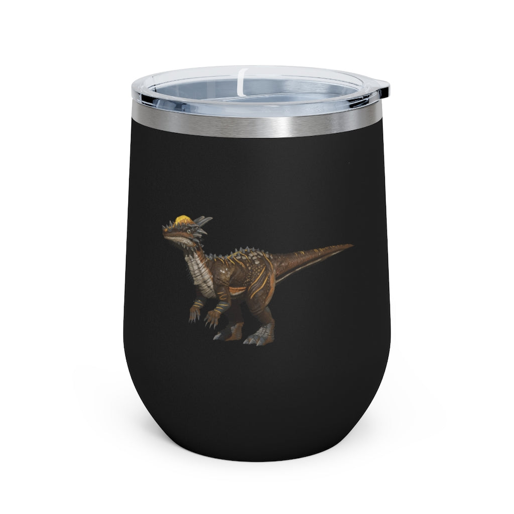 Pachycephalosaurus 12oz insulated wine tumbler with a clear lid, showcasing a vibrant dinosaur design.