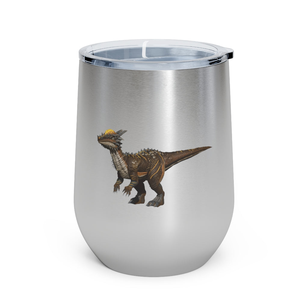 Pachycephalosaurus 12oz insulated wine tumbler with a clear lid, showcasing a vibrant dinosaur design.