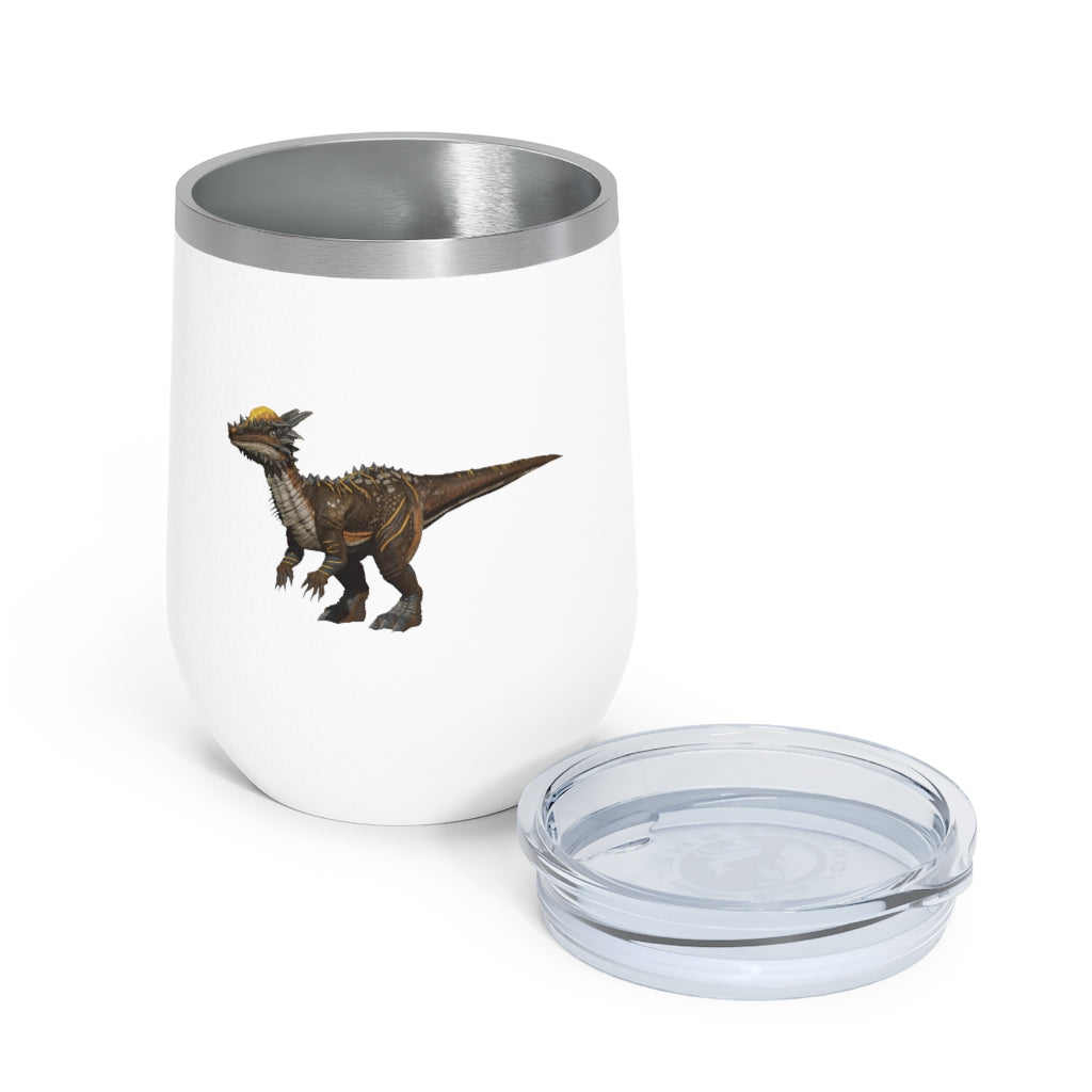 Pachycephalosaurus 12oz insulated wine tumbler with a clear lid, showcasing a vibrant dinosaur design.