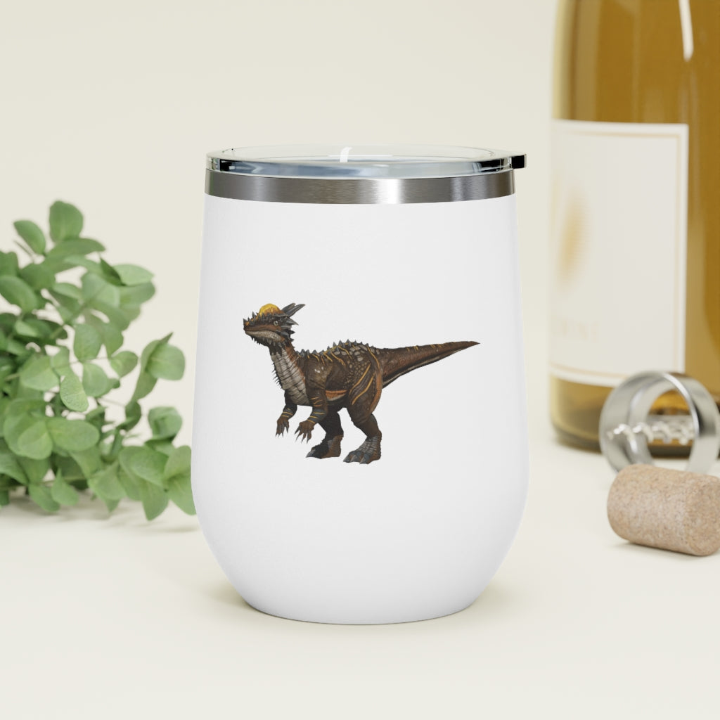 Pachycephalosaurus 12oz insulated wine tumbler with a clear lid, showcasing a vibrant dinosaur design.