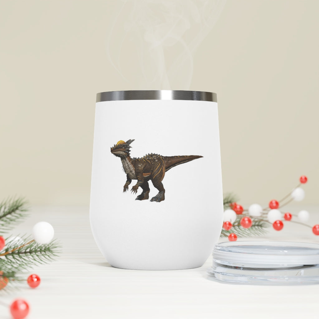 Pachycephalosaurus 12oz insulated wine tumbler with a clear lid, showcasing a vibrant dinosaur design.