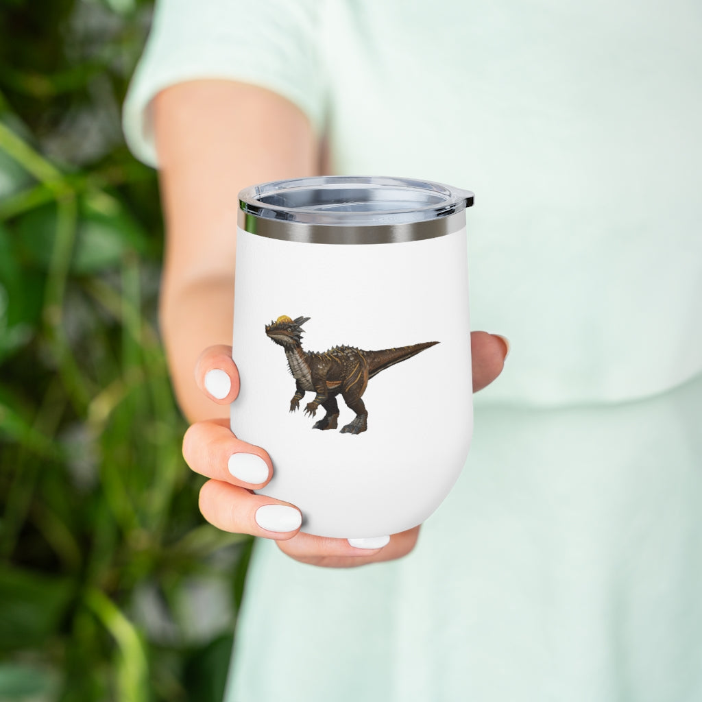 Pachycephalosaurus 12oz insulated wine tumbler with a clear lid, showcasing a vibrant dinosaur design.