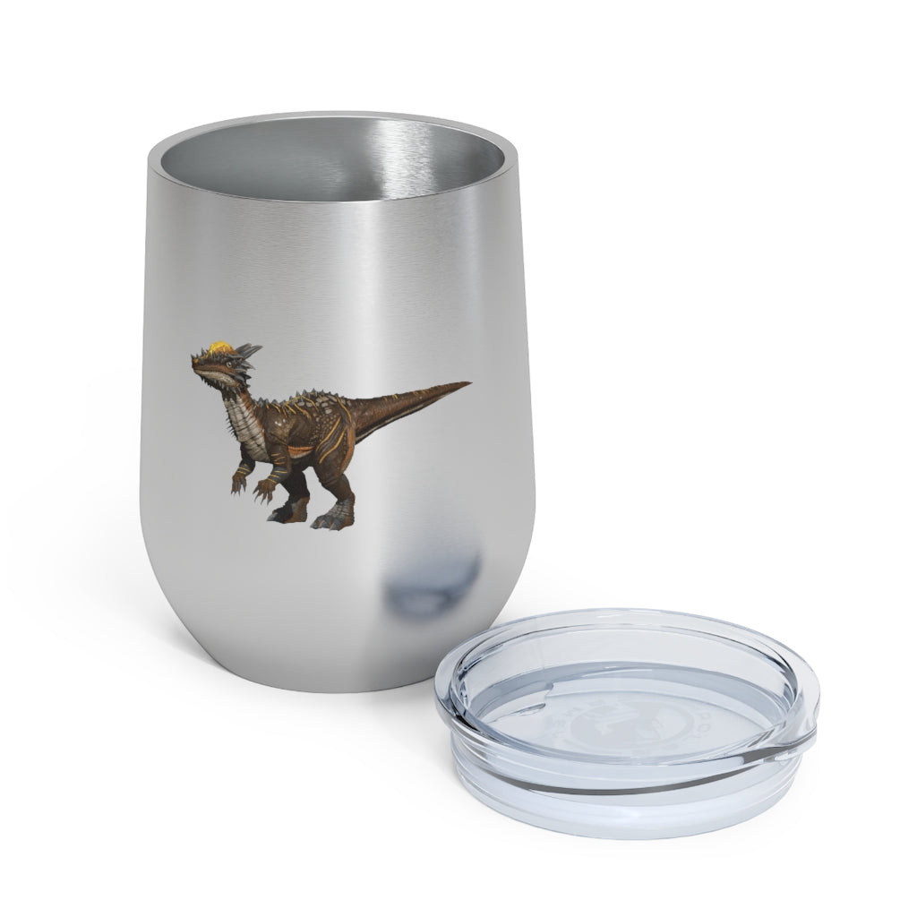 Pachycephalosaurus 12oz insulated wine tumbler with a clear lid, showcasing a vibrant dinosaur design.