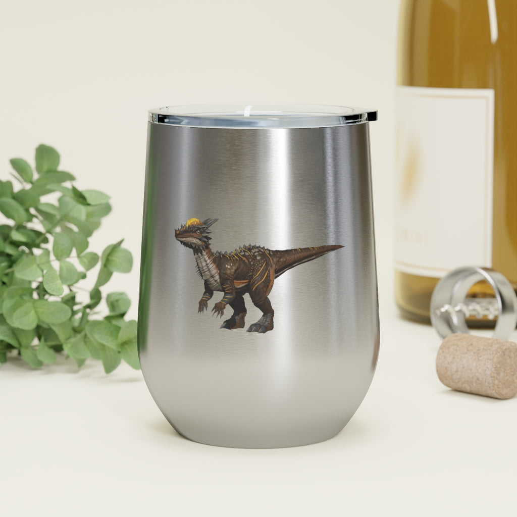 Pachycephalosaurus 12oz insulated wine tumbler with a clear lid, showcasing a vibrant dinosaur design.