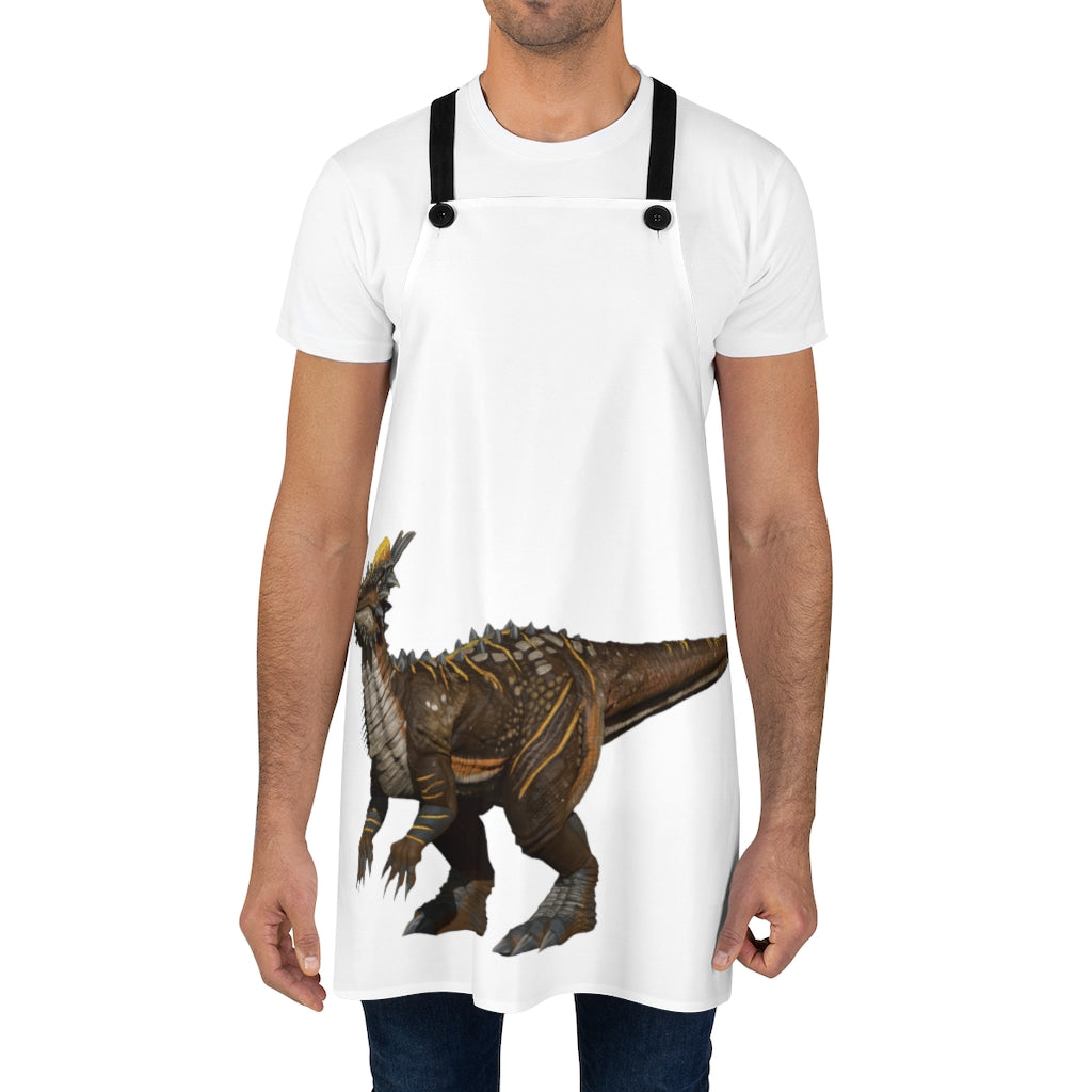 Pachycephalosaurus apron featuring a vibrant dinosaur design with black detachable twill straps.