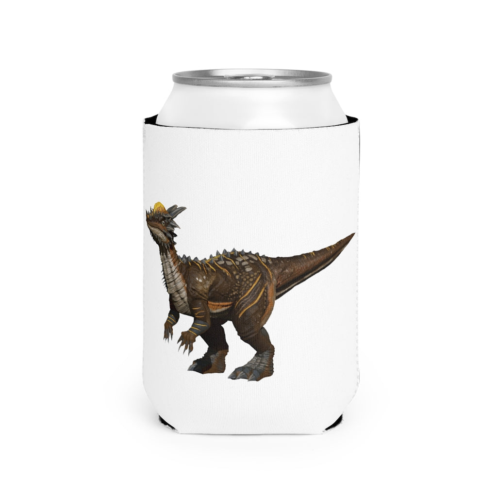 Pachycephalosaurus Can Cooler Sleeve in vibrant colors, designed to fit standard 12 oz cans, showcasing a fun dinosaur theme.