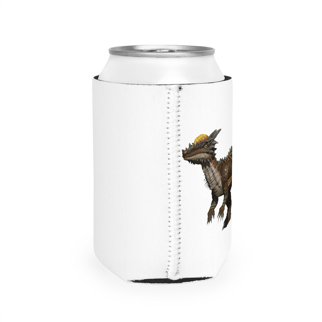 Pachycephalosaurus Can Cooler Sleeve in vibrant colors, designed to fit standard 12 oz cans, showcasing a fun dinosaur theme.