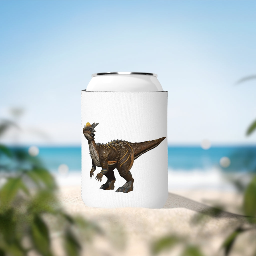 Pachycephalosaurus Can Cooler Sleeve in vibrant colors, designed to fit standard 12 oz cans, showcasing a fun dinosaur theme.