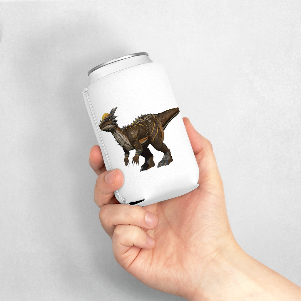 Pachycephalosaurus Can Cooler Sleeve in vibrant colors, designed to fit standard 12 oz cans, showcasing a fun dinosaur theme.