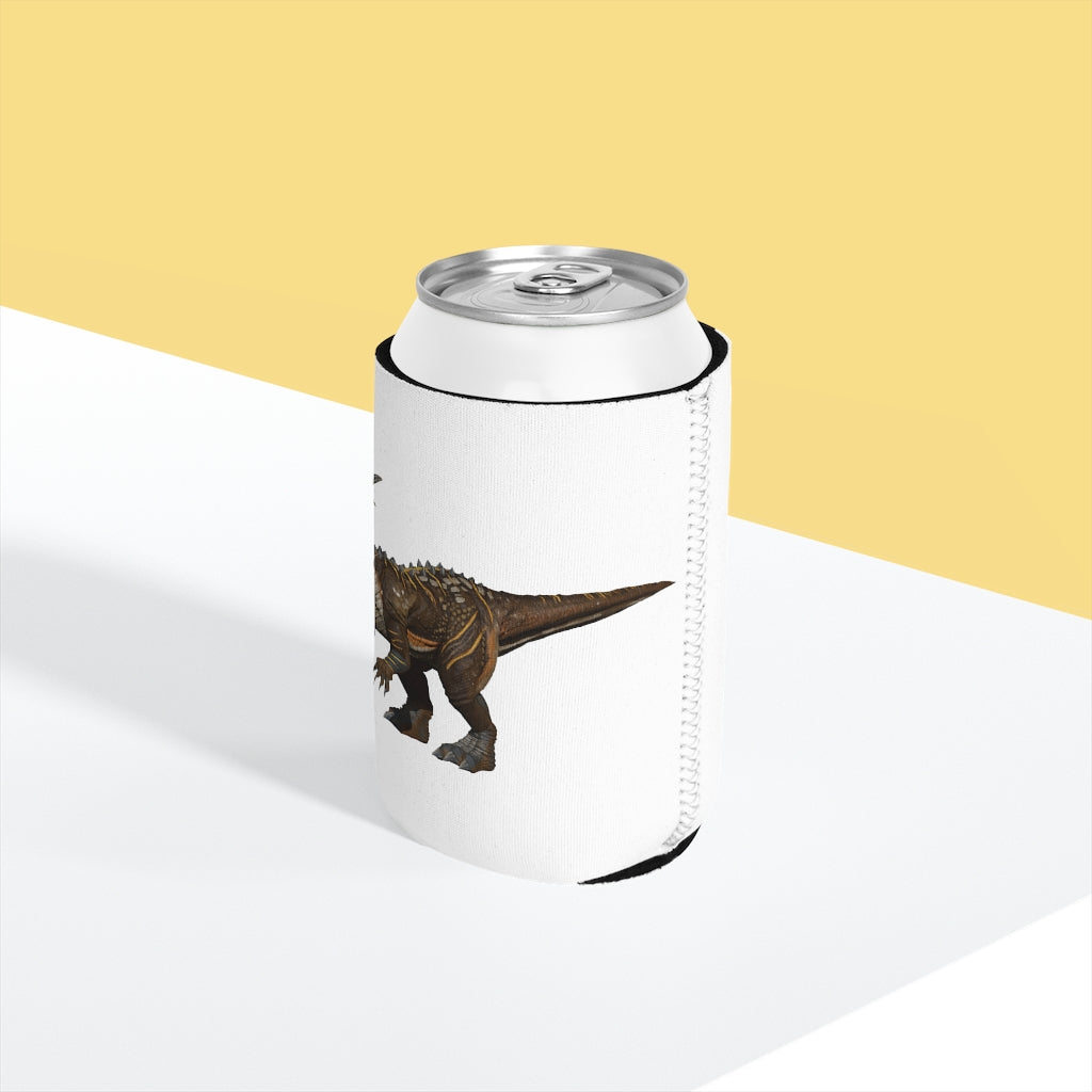 Pachycephalosaurus Can Cooler Sleeve in vibrant colors, designed to fit standard 12 oz cans, showcasing a fun dinosaur theme.