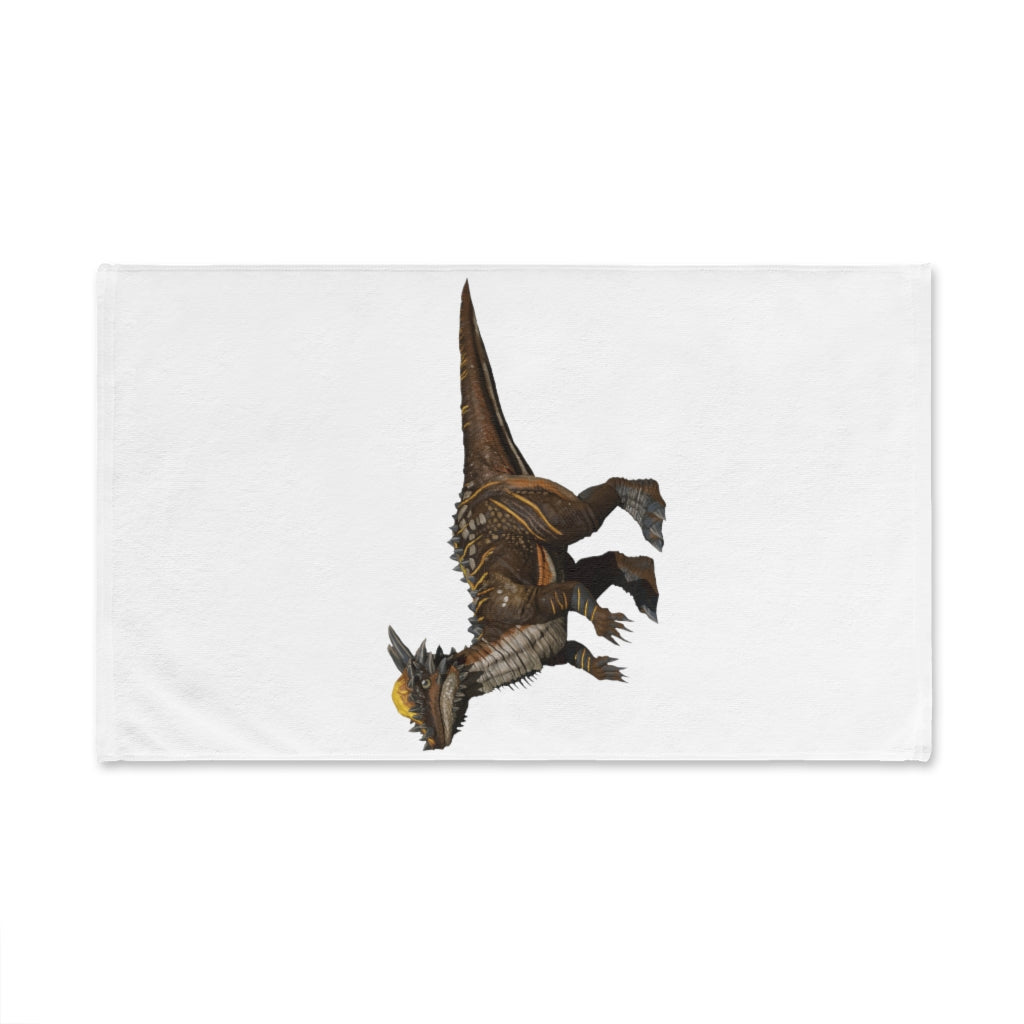 Pachycephalosaurus hand towel featuring a vibrant dinosaur print on a soft polyester front and a plush cotton back.