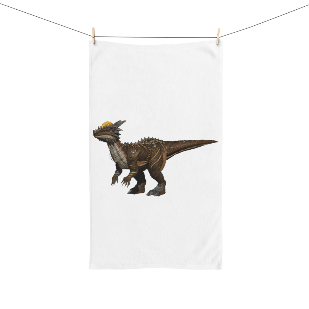 Pachycephalosaurus hand towel featuring a vibrant dinosaur print on a soft polyester front and a plush cotton back.