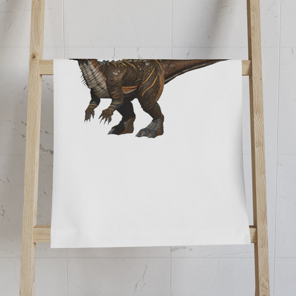 Pachycephalosaurus hand towel featuring a vibrant dinosaur print on a soft polyester front and a plush cotton back.