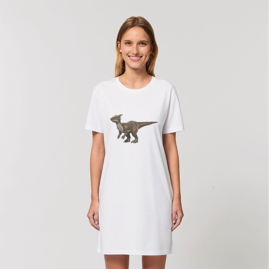 A stylish Pachycephalosaurus Organic T-Shirt Dress made from 100% organic cotton, featuring a vibrant dinosaur print and comfortable fit.