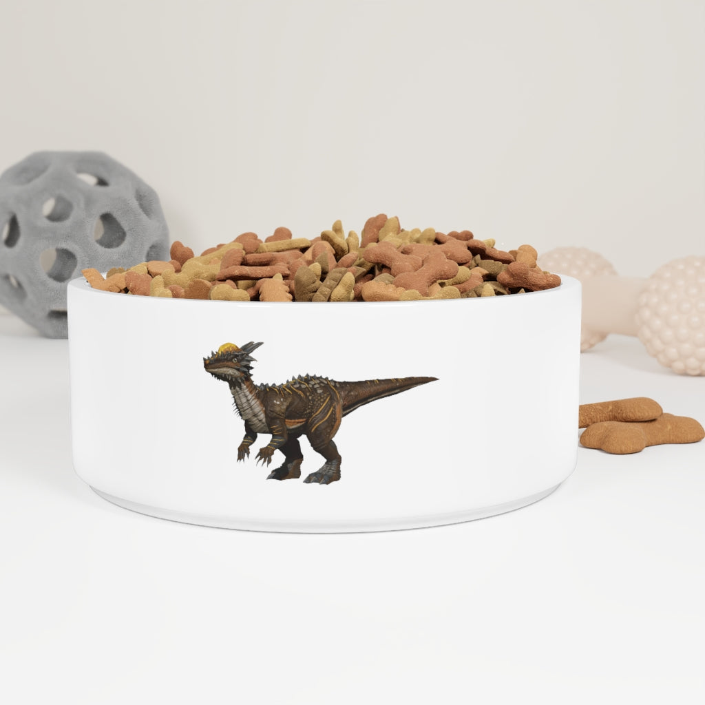 A stylish Pachycephalosaurus-themed ceramic pet bowl, featuring a customizable design and a glossy finish, perfect for small to medium pets.