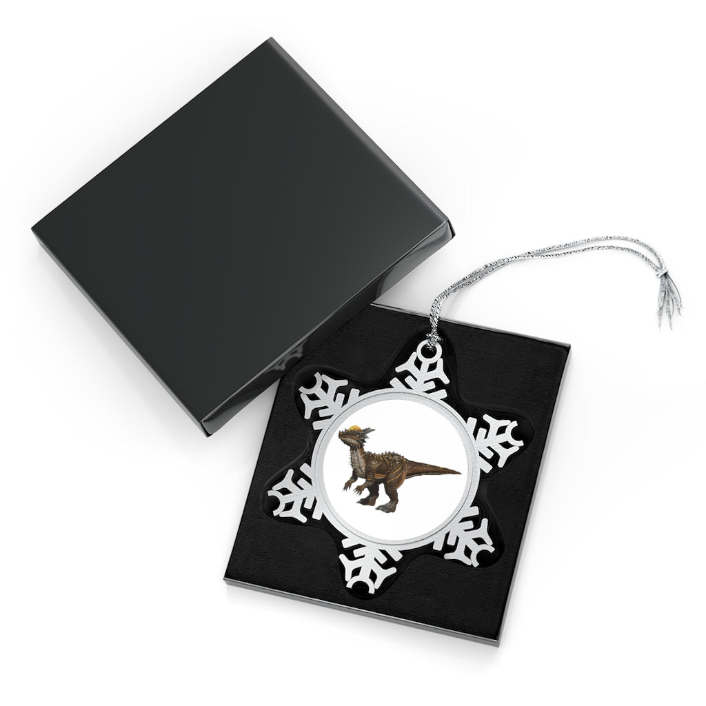 Pachycephalosaurus Pewter Snowflake Ornament with intricate snowflake design and silver-toned hanging string.