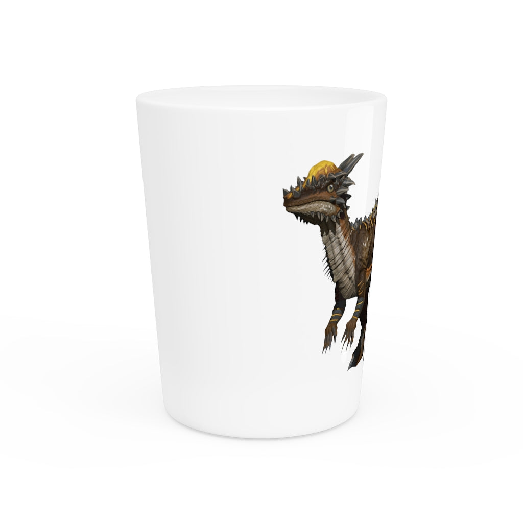 Ceramic Pachycephalosaurus shot glass with customizable design, available in white or black interior.