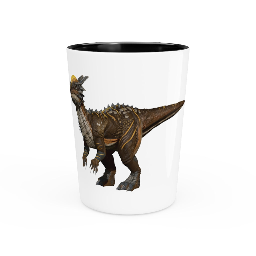 Ceramic Pachycephalosaurus shot glass with customizable design, available in white or black interior.