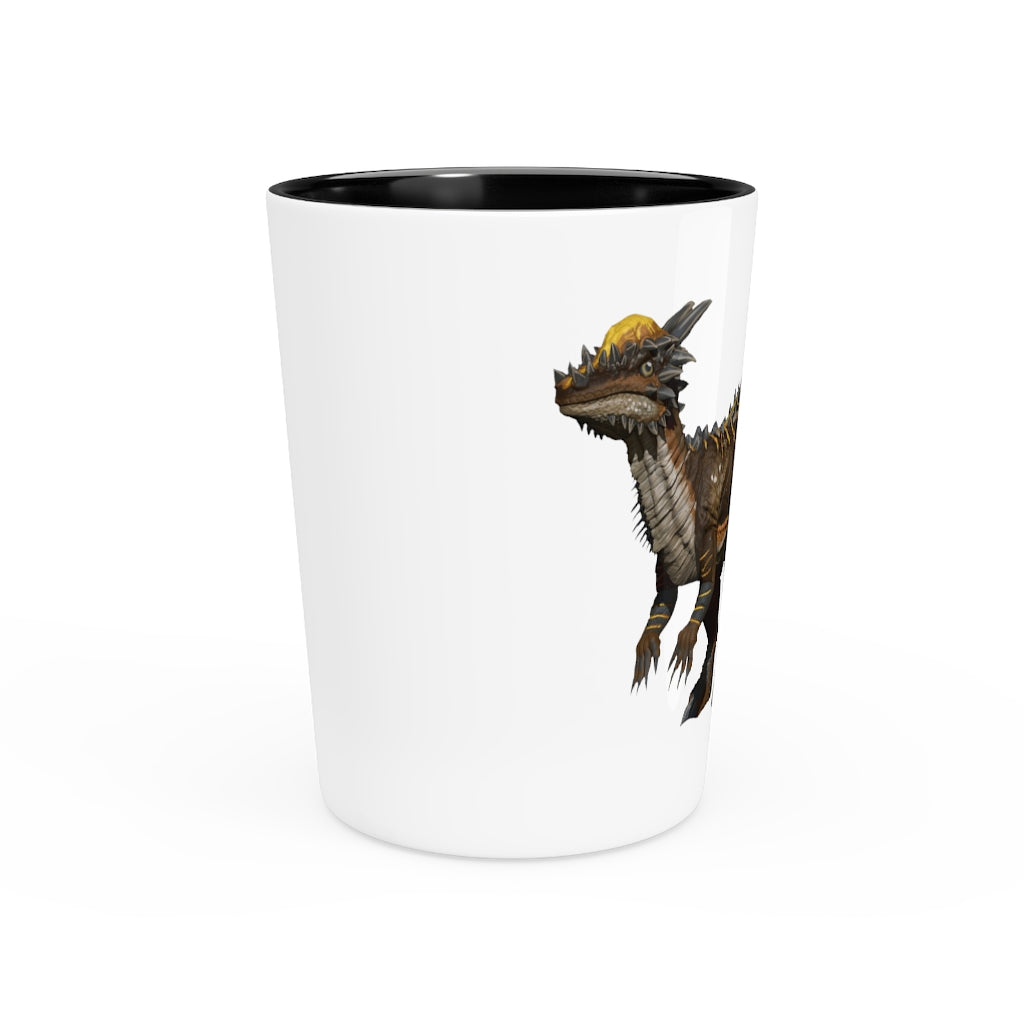 Ceramic Pachycephalosaurus shot glass with customizable design, available in white or black interior.