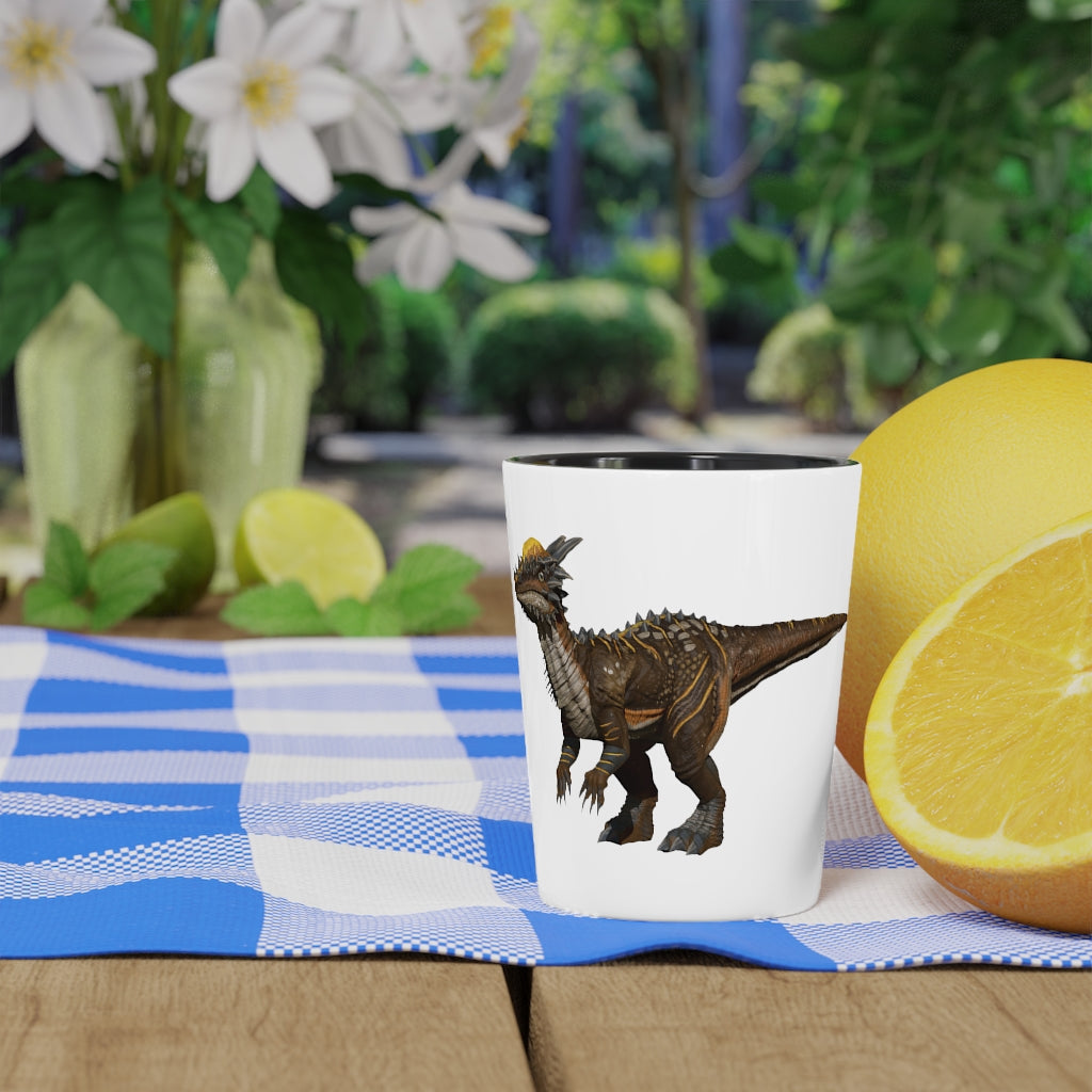 Ceramic Pachycephalosaurus shot glass with customizable design, available in white or black interior.