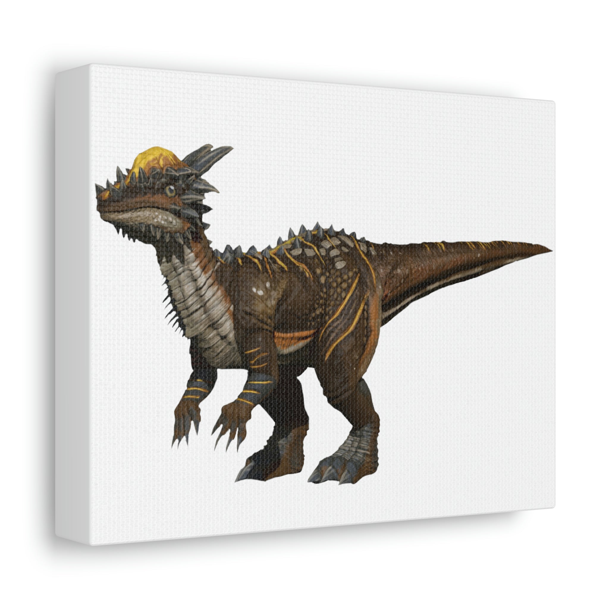 Pachycephalosaurus stretched canvas artwork, featuring vibrant colors and detailed dinosaur design on a wooden frame.