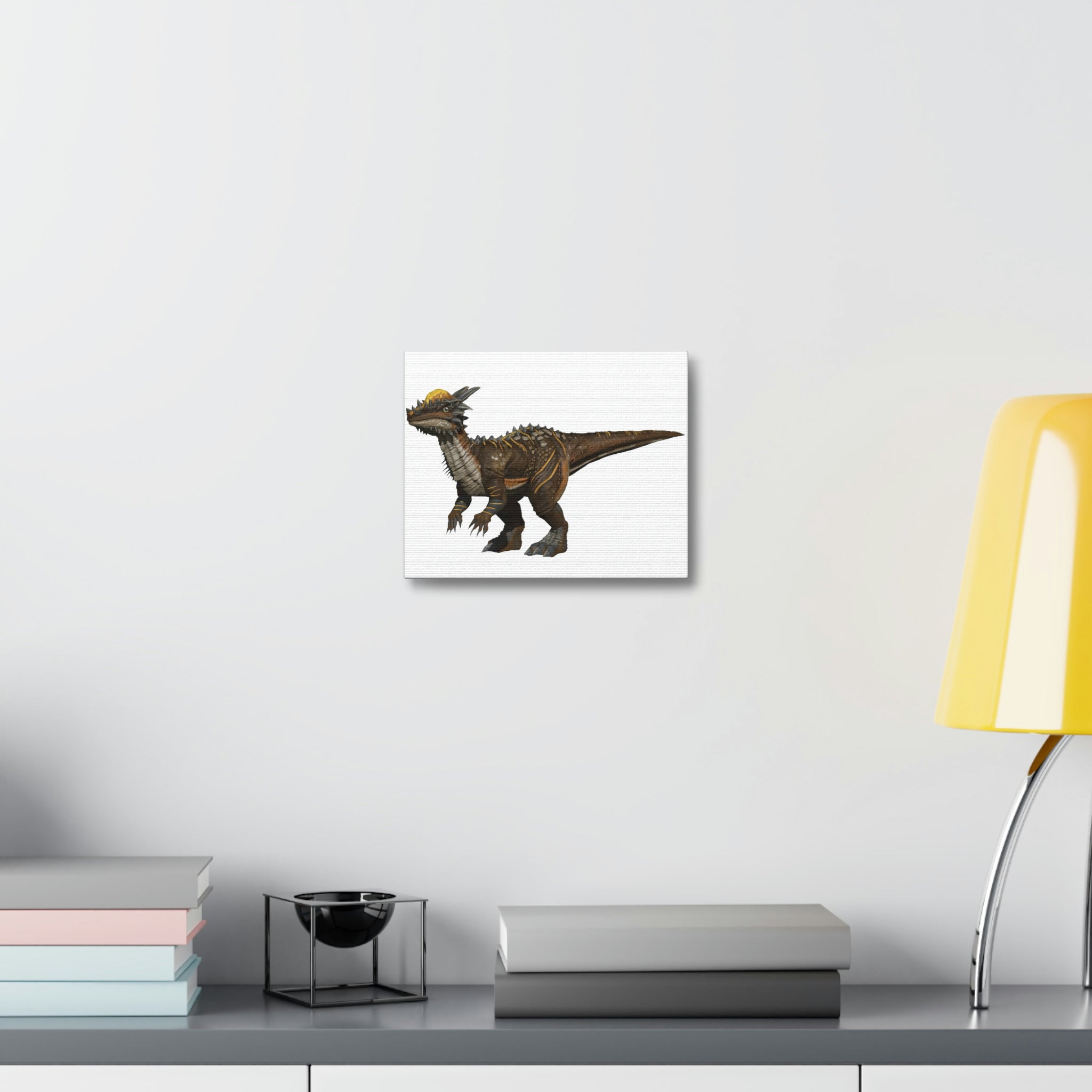 Pachycephalosaurus stretched canvas artwork, featuring vibrant colors and detailed dinosaur design on a wooden frame.