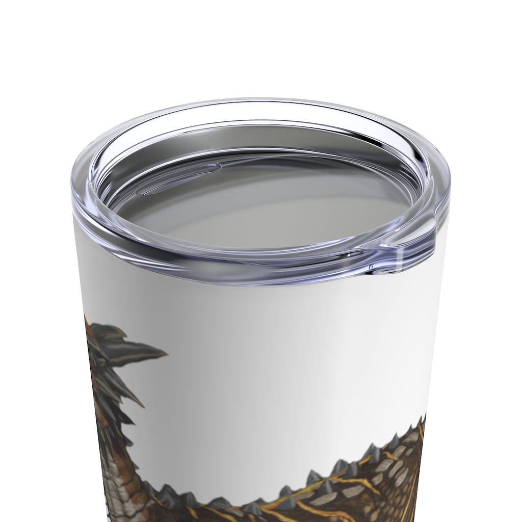 Pachycephalosaurus Tumbler 20oz in stainless steel with a see-thru plastic lid, showcasing a unique dinosaur design.