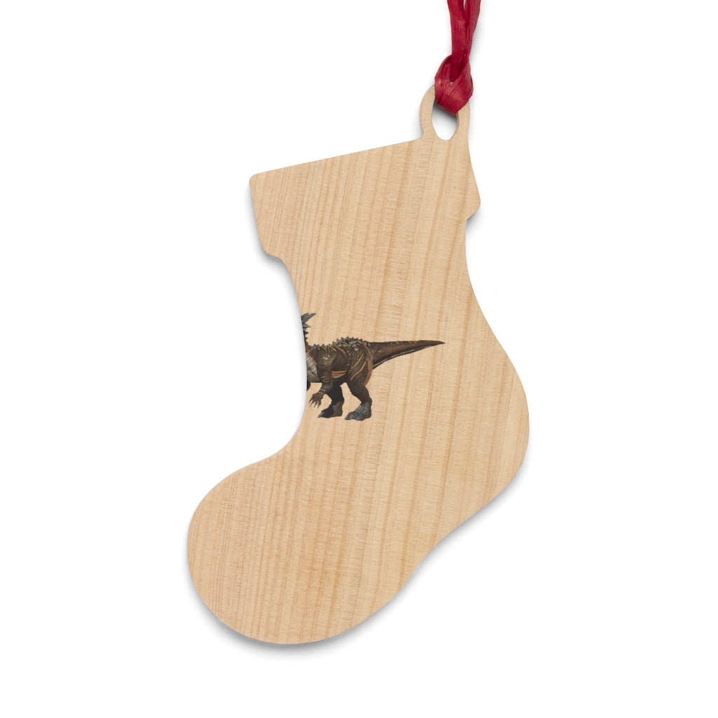 Pachycephalosaurus wooden Christmas ornaments in various whimsical shapes with red ribbons.