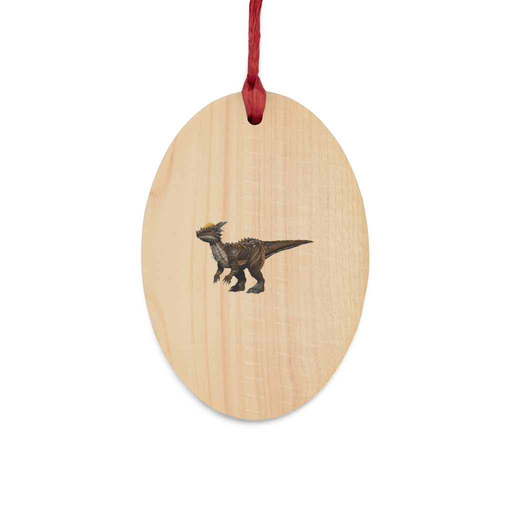 Pachycephalosaurus wooden Christmas ornaments in various whimsical shapes with red ribbons.