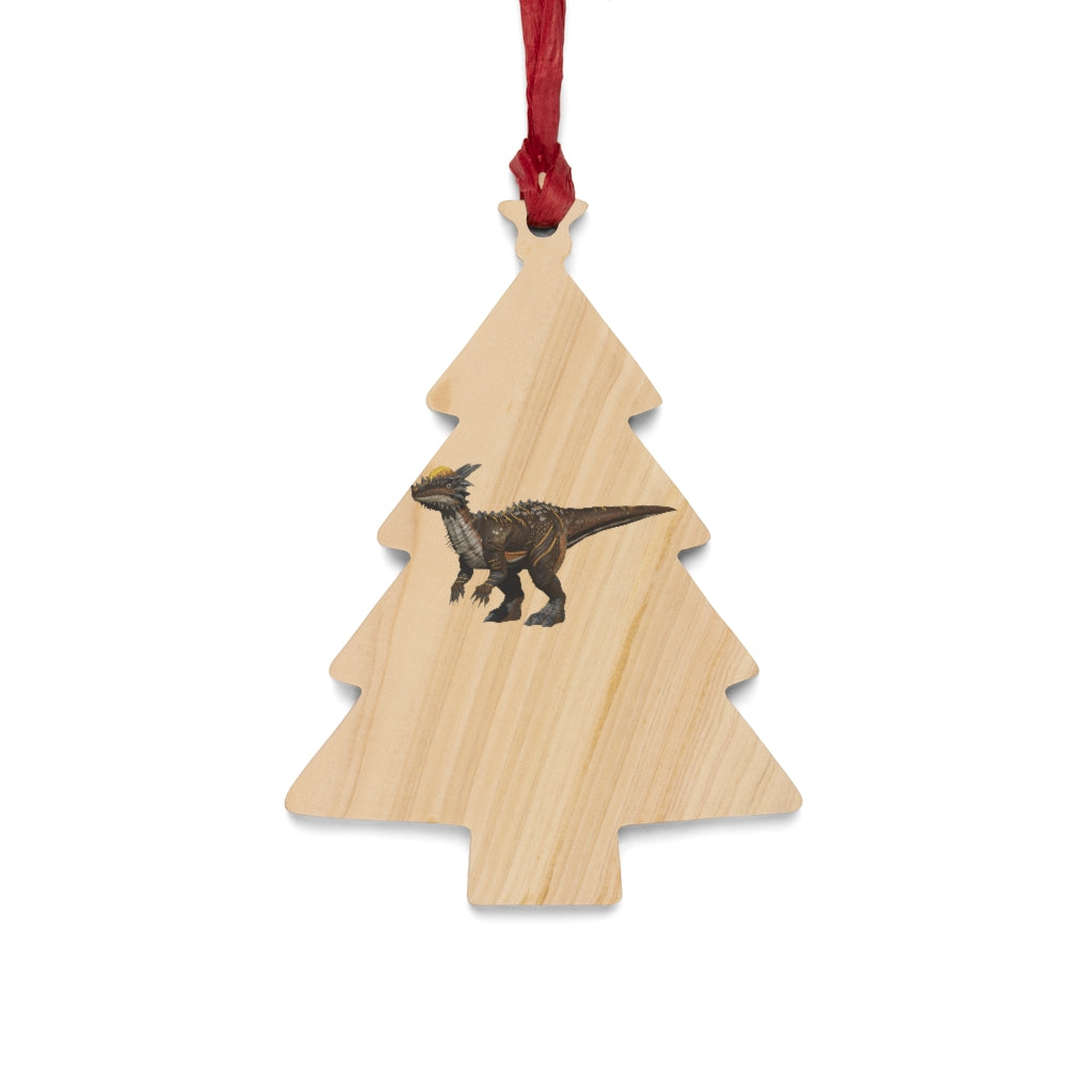 Pachycephalosaurus wooden Christmas ornaments in various whimsical shapes with red ribbons.