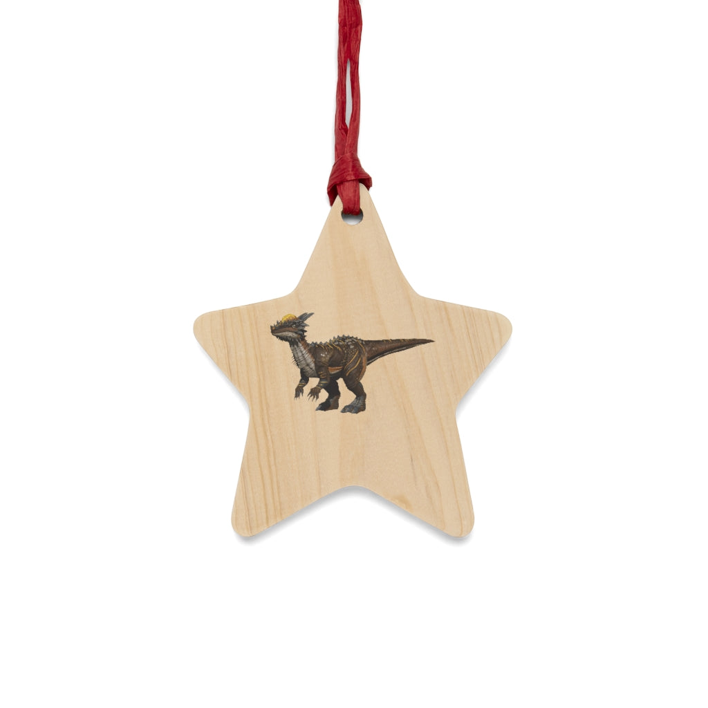 Pachycephalosaurus wooden Christmas ornaments in various whimsical shapes with red ribbons.