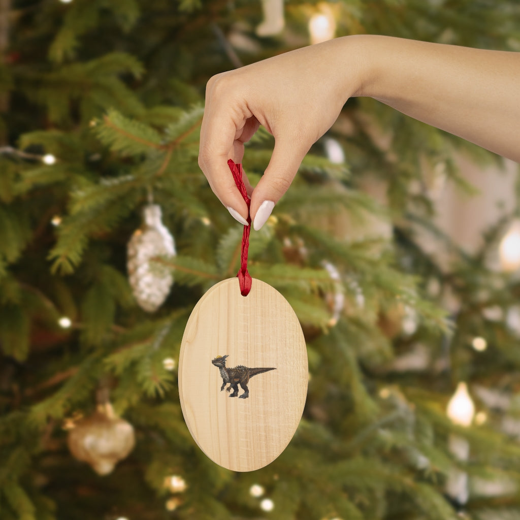 Pachycephalosaurus wooden Christmas ornaments in various whimsical shapes with red ribbons.