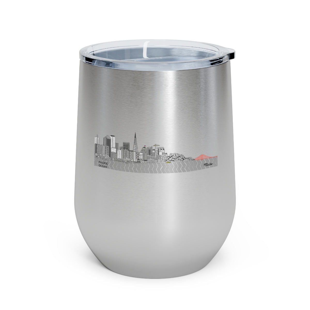 Pacific Ocean 12oz Insulated Wine Tumbler with clear lid, showcasing a stylish design and double-wall insulation for hot and cold beverages.