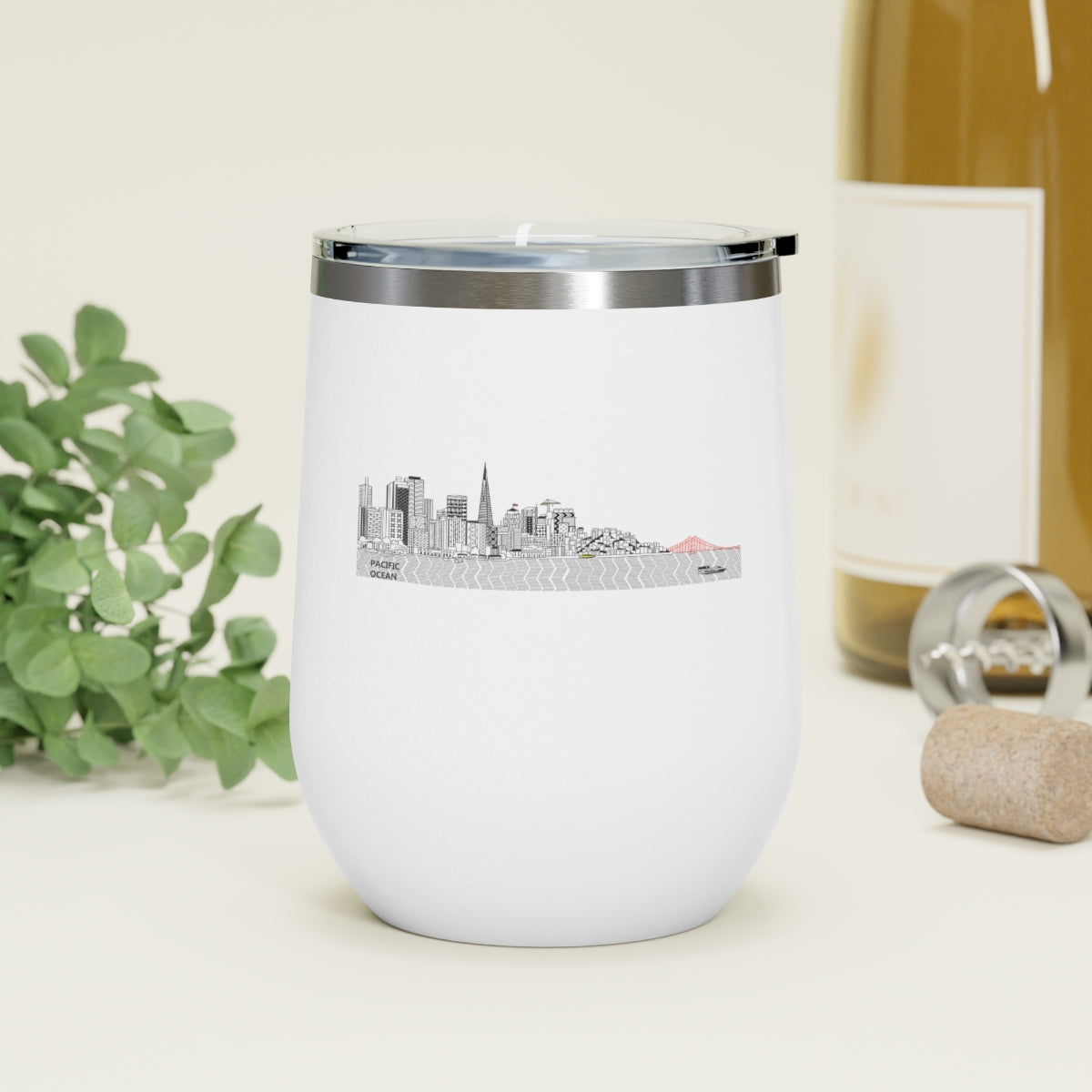 Pacific Ocean 12oz Insulated Wine Tumbler with clear lid, showcasing a stylish design and double-wall insulation for hot and cold beverages.